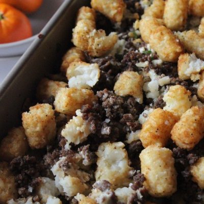 Breakfast tater tot casserole in baking dish