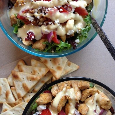 Skinny grilled chicken salad in bowl on counter