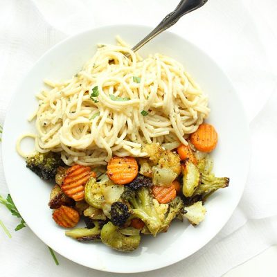 Roasted vegetable alfredo on plate