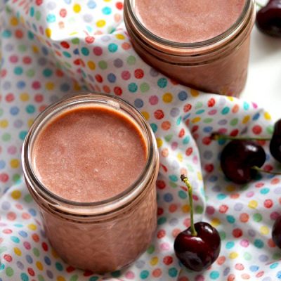Cherry chocolate smoothies on counter