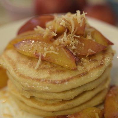 Peach coconut seltzer pancakes by simplegreenmoms.com