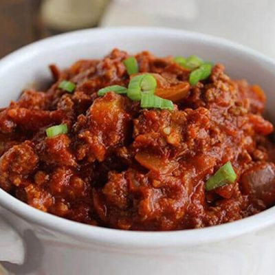 Turkey chili in bowl on counter