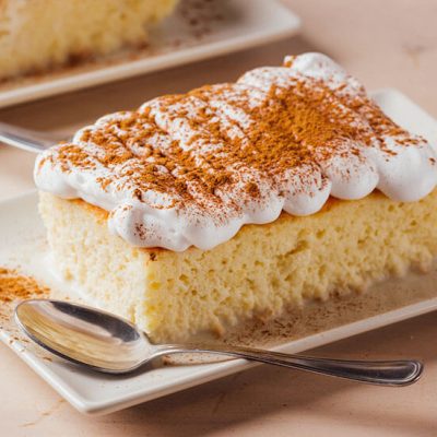 Tres leches cake topped with cocoa powder on plate with spoon